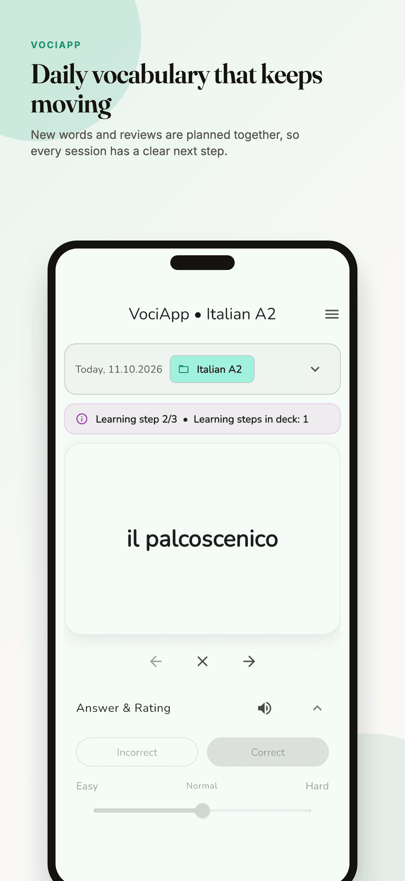 VociApp daily lesson with new words and reviews