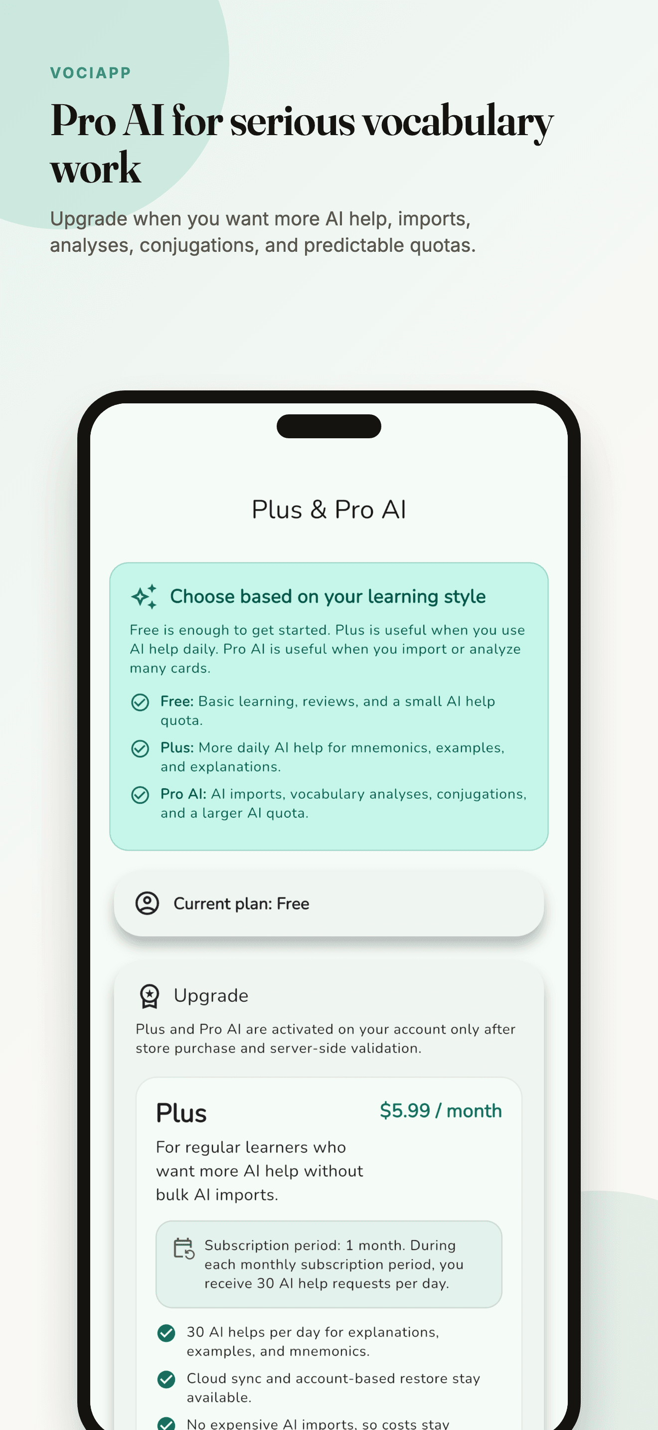 VociApp Plus and Pro AI subscription plans